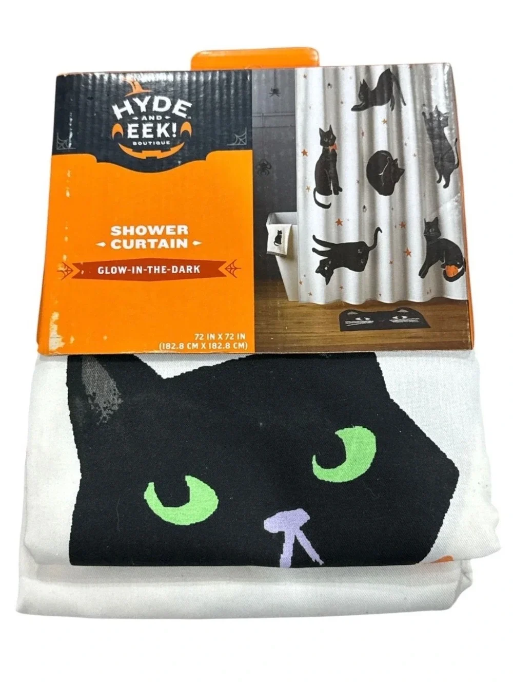 Hide and Eek! Boutique Halloween Shower Curtain with Black Cats, Glows in the D